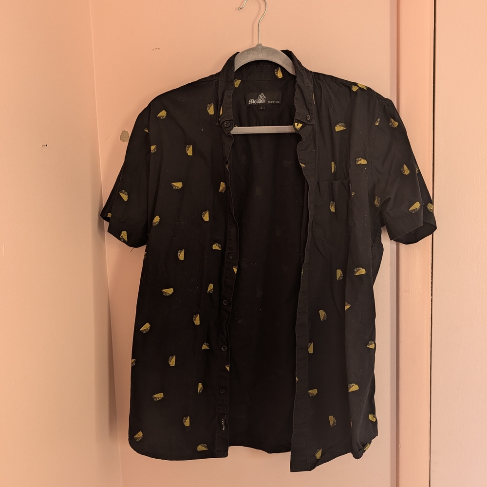 Black Short Sleeve Button-Up Shirt with Yellow Taco Print